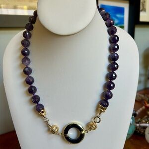 Amethyst Beaded Necklace with Gold and Black Enhancer